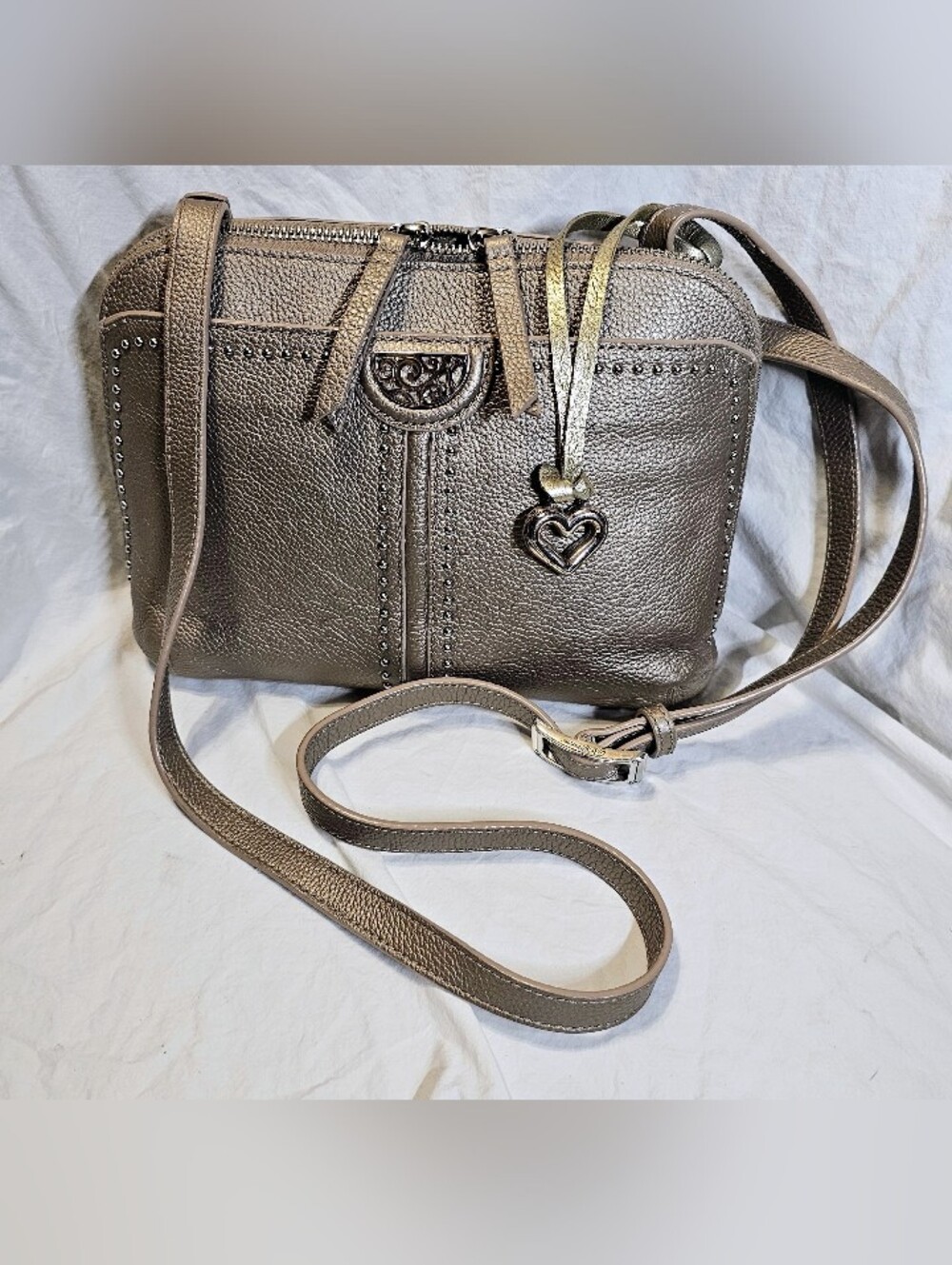 Brighton Pewter Gray Leather Pretty Tough JoJo Organizer Crossbody Leather Purse
